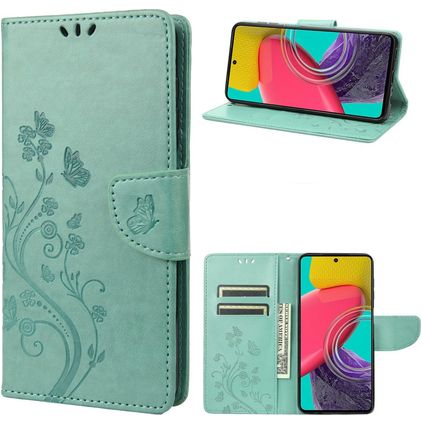 Mobigear Flowers Samsung Galaxy M53 Hülle Klapphülle Geldbörse - Grün