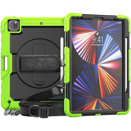 Mobigear SureGrip Xtreme iPad Pro 12.9 Zoll (2020) Hülle Kunststoff,Silikon Backcover + Stifthalter + Schulterträger + Ständer - Schwarz / Grün