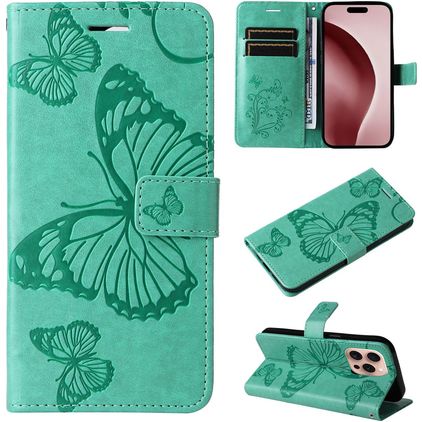 Mobigear Butterfly iPhone 16 Pro Hülle Klapphülle Geldbörse - Grün