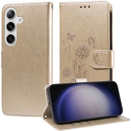 Mobigear Flowers Samsung Galaxy S25 Plus Hülle Klapphülle Geldbörse - Gold
