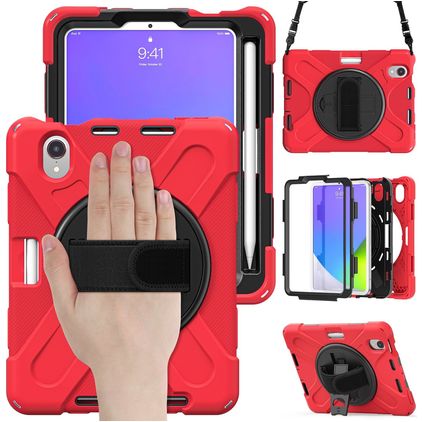 Mobigear SureGrip XGuard iPad Mini 7 (2024) Hülle Kunststoff,Silikon Backcover + Stifthalter + Schulterträger + Ständer - Rot