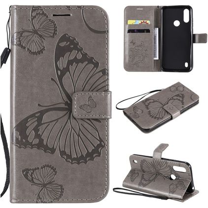Mobigear Butterfly Motorola Moto E6s (2020) Hülle Klapphülle Geldbörse - Grau