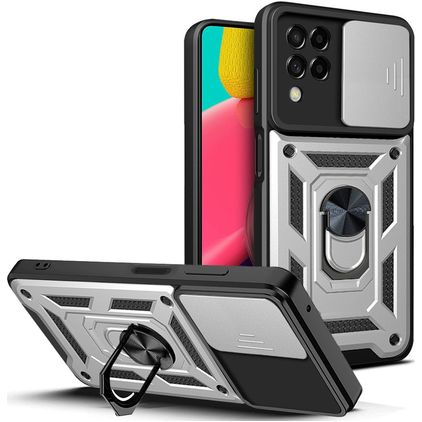 Mobigear Armor Ring Cam Slide Samsung Galaxy M53 Hardcase Backcover Shockproof mit Ringhalter - Silber
