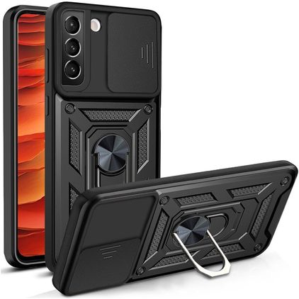 Mobigear Armor Ring Cam Slide Samsung Galaxy S22 Hardcase Backcover Shockproof mit Ringhalter und Kamera-Slider - Schwarz