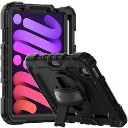 Mobigear SureGrip Xtreme iPad Mini 7 (2024) Hülle Kunststoff,Silikon Backcover + Stifthalter + Schulterträger + Ständer - Schwarz
