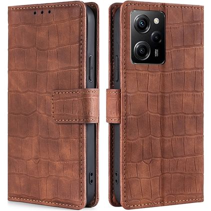 Mobigear Croco POCO X5 Pro Hülle Klapphülle Geldbörse - Cognac