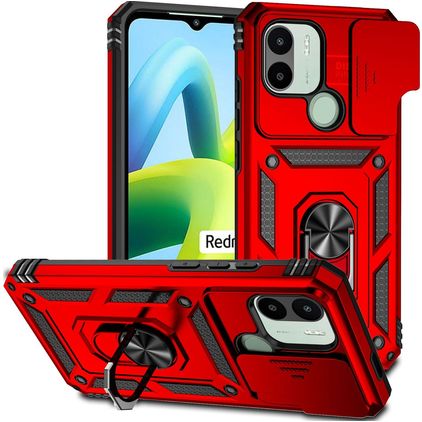 Mobigear Armor Ring Cam Slide Xiaomi Redmi A1 4G Hülle Hardcase Backcover Stoßfest mit Ringhalter und Kamera Slider - Rot