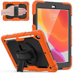 Mobigear SureGrip Xtreme iPad 8 (2020) Hülle Kunststoff,Silikon Backcover + Stifthalter + Schulterträger + Ständer - Schwarz / Orange