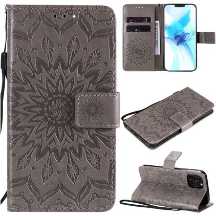 Mobigear Sunflower iPhone 12 Hülle Klapphülle Geldbörse - Grau