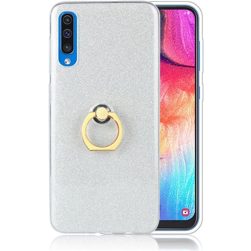 Mobigear Glitter Ring Samsung Galaxy A50 Hülle Flexibles TPU Backcover mit Ringhalter - Silber