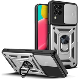 Mobigear Armor Ring Cam Slide Samsung Galaxy M53 Hülle Hardcase Backcover Stoßfest mit Ringhalter - Silber