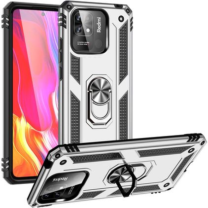 Mobigear Armor Ring Xiaomi Redmi 10C Hülle Hardcase Backcover Stoßfest mit Ringhalter - Silber