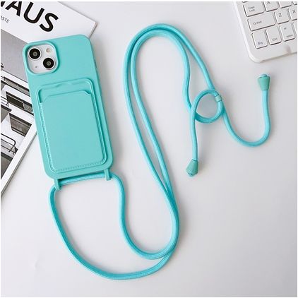 Mobigear Lanyard Card iPhone 15 Silikon Handykette mit Kartenhalter - Blau