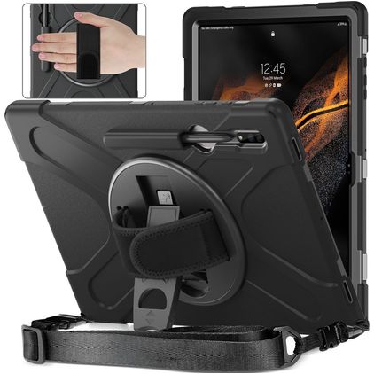 Mobigear SureGrip XGuard Samsung Galaxy Tab S8 Ultra Hülle Kunststoff / Silikon Backcover + Stylus-Halter + Schultergurt + Ständer - Schwarz