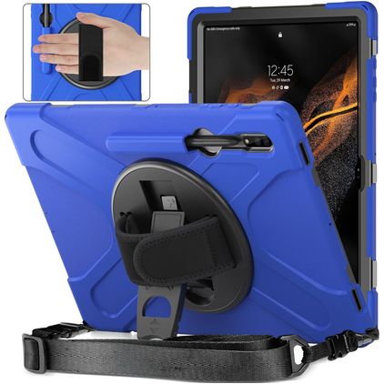 Mobigear SureGrip XGuard Samsung Galaxy Tab S8 Ultra Hülle Kunststoff / Silikon Backcover + Stylus-Halter + Schultergurt + Ständer - Blau