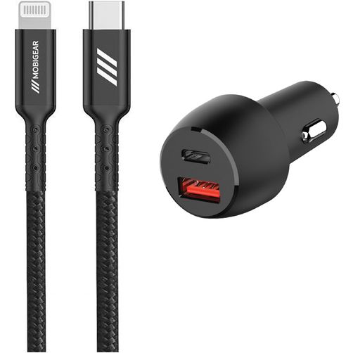 Mobigear Essentials Dual USB / USB-C Auto Ladegerät Apple Lightning 1 Meter Power Delivery 48W - Schwarz