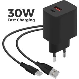 Mobiparts Wall Charger Dual USB / USB-C Ladegerät Micro USB 1 m 30W - Schwarz