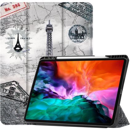 Mobigear Tri-Fold Gel iPad Pro 12.9 Zoll (2021) Hülle TPU,Kunstleder Klapphülle + Stifthalter - Eiffelturm