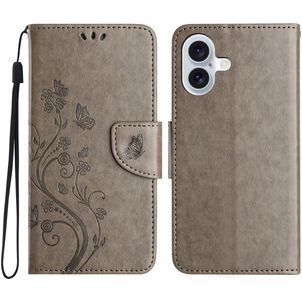 Mobigear Flowers iPhone 16 Hülle Klapphülle Geldbörse - Grau