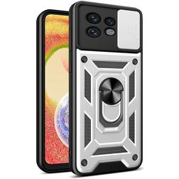 Mobigear Armor Ring Cam Slide Motorola Edge 40 Pro Hülle Hardcase Backcover Stoßfest mit Ringhalter und Kamera Slider - Silber