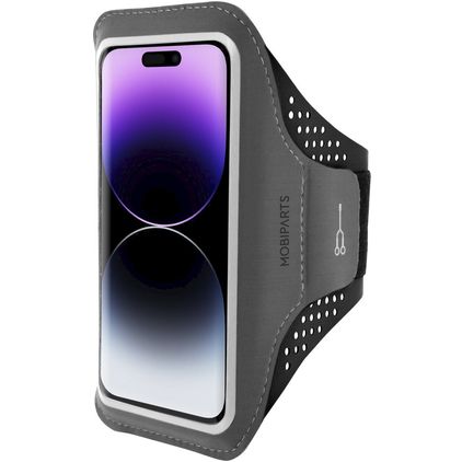 Mobiparts Comfort Fit Handyhalterung Joggen iPhone 14 Pro Sporthülle Neopren Sportarmband - Schwarz
