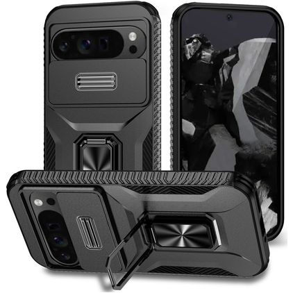 Mobigear Armor Ring Cam Slide Google Pixel 9 Pro XL Hardcase Backcover Shockproof mit Ringhalter und Kamera-Slider - Schwarz