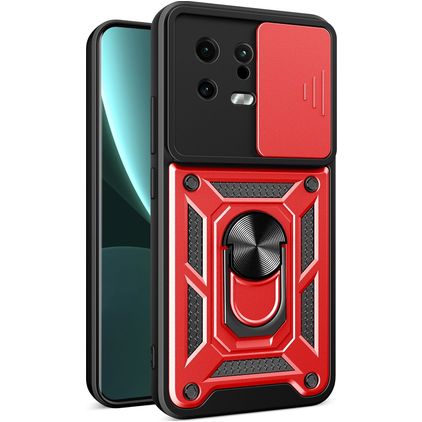 Mobigear Armor Ring Cam Slide Xiaomi 13 Hülle Hardcase Backcover Stoßfest mit Ringhalter und Kamera Slider - Rot