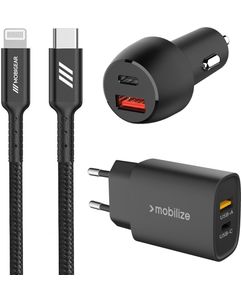 Mobigear Essentials Ladegerät + Auto Ladegerät + Apple Lightning Kabel 1 Meter Power Delivery 48W - Schwarz
