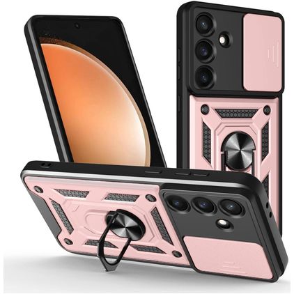 Mobigear Armor Ring Cam Slide Samsung Galaxy S25 FE Hülle Hardcase Backcover Stoßfest mit Ringhalter und Kamera Slider - Roségold