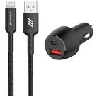 Mobigear Essentials Dual USB / USB-C Auto Ladegerät Apple Lightning 1 Meter Power Delivery 48W - Schwarz