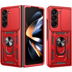 Mobigear Armor Ring Cam Slide Samsung Galaxy Z Fold 7 Hülle Hardcase Backcover Stoßfest mit Ringhalter und Kamera Slider - Rot