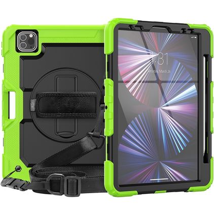 Mobigear SureGrip Xtreme iPad Air 11 Zoll (2024) Hülle Kunststoff,Silikon Backcover + Stifthalter + Schulterträger + Ständer - Schwarz / Grün