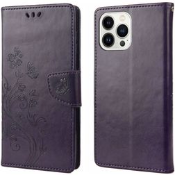 Mobigear Flowers iPhone 14 Pro Hülle Klapphülle Geldbörse - Lila