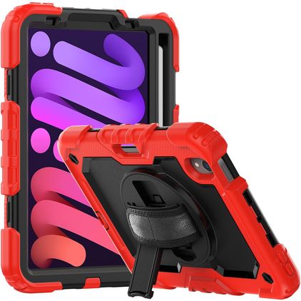 Mobigear SureGrip Xtreme iPad Mini 6 (2021) Hülle Kunststoff,Silikon Backcover + Stifthalter + Schulterträger + Ständer - Schwarz / Rot