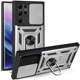 Mobigear Armor Ring Cam Slide Samsung Galaxy S22 Ultra Hülle Hardcase Backcover Stoßfest mit Ringhalter - Silber