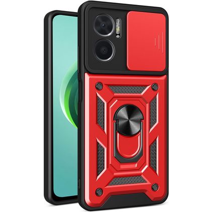 Mobigear Armor Ring Cam Slide Xiaomi Redmi 10 5G Hülle Hardcase Backcover Stoßfest mit Ringhalter und Kamera Slider - Rot