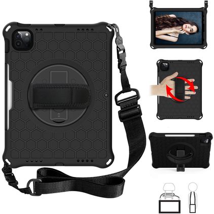 Mobigear SureGrip Hexa iPad Pro 11 Zoll (2021) Hülle Kunststoff,Silikon Backcover + Stifthalter + Schulterträger + Ständer - Schwarz