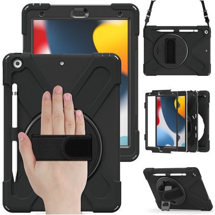 Mobigear SureGrip XGuard iPad 8 (2020) Hülle Kunststoff,Silikon Backcover + Stifthalter + Schulterträger + Ständer - Schwarz