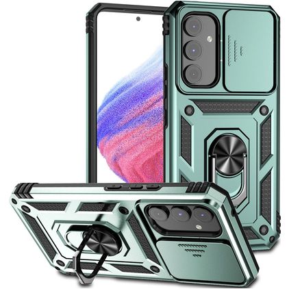 Mobigear Armor Ring Cam Slide Samsung Galaxy A54 Hülle Hardcase Backcover Stoßfest mit Ringhalter und Kamera Slider - Grün
