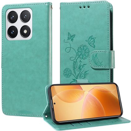 Mobigear Flowers Xiaomi 14T Pro Hülle Klapphülle Geldbörse - Grün