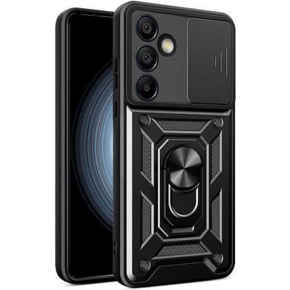 Mobigear Armor Ring Cam Slide Samsung Galaxy S24 FE Hülle Hardcase Backcover Stoßfest mit Ringhalter und Kamera Slider - Schwarz