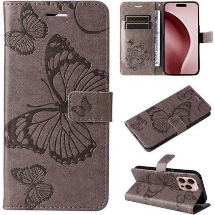 Mobigear Butterfly iPhone 16 Pro Hülle Klapphülle Geldbörse - Grau