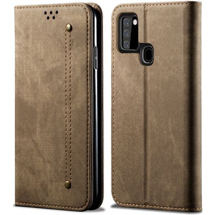 Mobigear Denim Slim Samsung Galaxy A21s Hülle Klapphülle Geldbörse - Braun