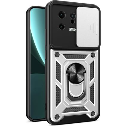 Mobigear Armor Ring Cam Slide Xiaomi 13 Hülle Hardcase Backcover Stoßfest mit Ringhalter und Kamera Slider - Silber