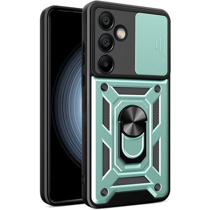 Mobigear Armor Ring Cam Slide Samsung Galaxy S24 FE Hülle Hardcase Backcover Stoßfest mit Ringhalter und Kamera Slider - Grün
