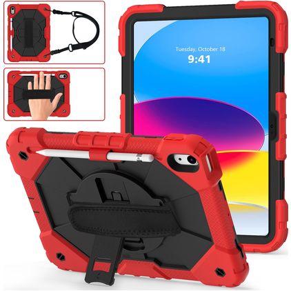 Mobigear SureGrip Xtreme iPad 10 (2022) Hülle Kunststoff,Silikon Backcover + Stifthalter + Schulterträger + Ständer - Rot