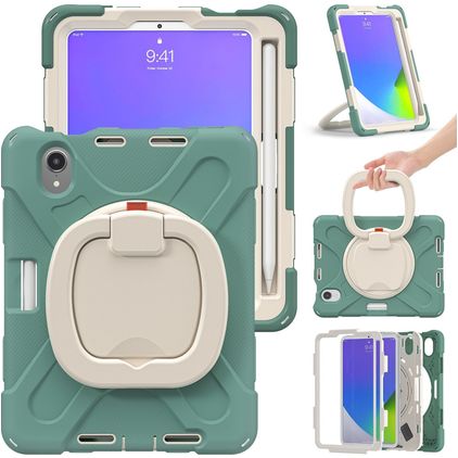 Mobigear RingGuard iPad Mini 7 (2024) Hülle Kunststoff,Silikon Backcover + Stifthalter + Schulterträger + Ständer - Grün