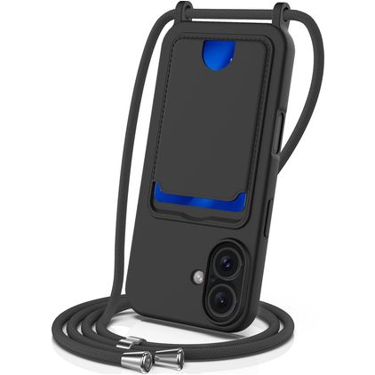 Mobigear Lanyard Card iPhone 16 Silikon Handykette mit Kartenhalter - Schwarz