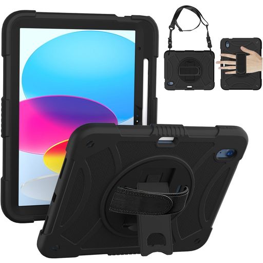 Mobigear SureGrip iPad 10 (2022) Stoßfeste Hardcase Hülle + Stifthalter + Schulterträger + Ständer - Schwarz
