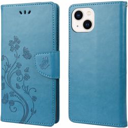 Mobigear Flowers iPhone 14 Hülle Klapphülle Geldbörse - Blau